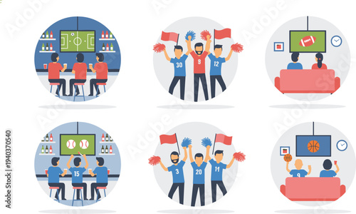 Happy sports fans watching football baseball and basketball matches at bar home and cheering with flags flat vector illustration set,