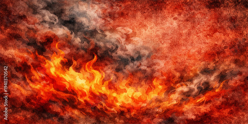 Intense red fire burning in the dark with orange flames and smoke textures creating a hot inferno energy explosion background for art and design