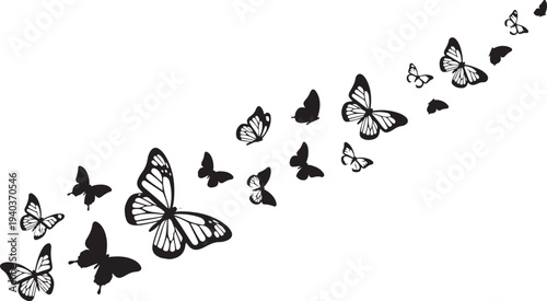 A flock of butterflies flying in a diagonal line