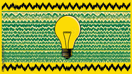 Illustration with a central light bulb on a textured background. The image has a yellow and green color scheme