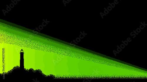 A stylized image features a lighthouse on a rocky shore, illuminated by a green light