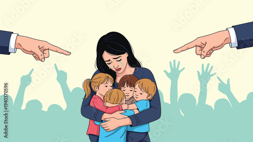 Mother crying while embracing her four young children as large hands point fingers of blame from both sides of the scene.