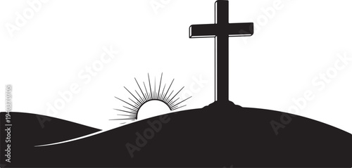 Cross on a hill with sunrise silhouette landscape scene