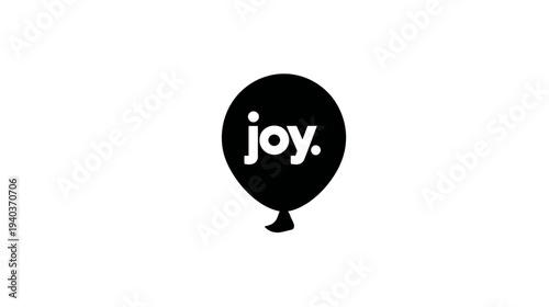 Black balloon illustration with a white word and dot. Set against a white background. Simple and clean