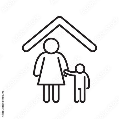 Single parent family concept icon with a mother holding her son's hand under a house roof
