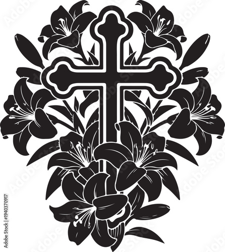 Black and white cross surrounded by floral design elements