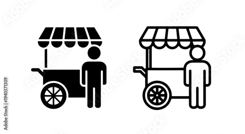 Street Food Vendor Cart Icon with Person, Kiosk, and Market Stall Symbol