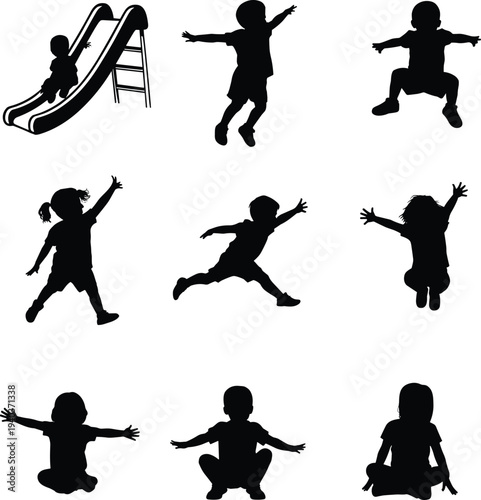 Collection of playful children silhouettes jumping, running and sliding isolated on white background, kids activity poses set for design, education and creativity concepts