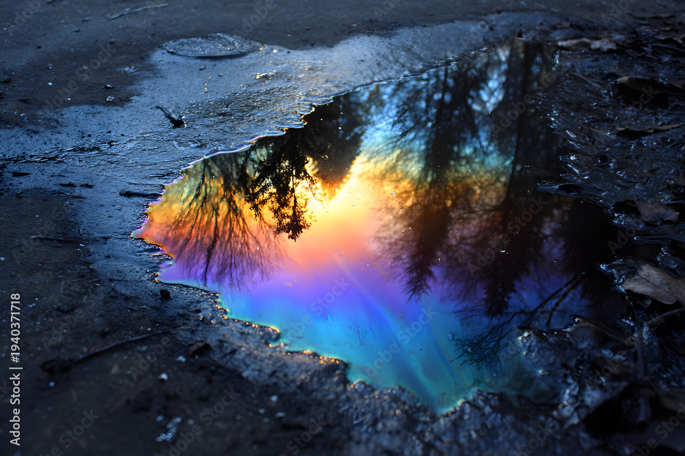 Naklejka premium Vibrant oil slick in a rain puddle reflecting a golden sunset and tree silhouettes on dark asphalt, creating a colorful iridescent spectrum.