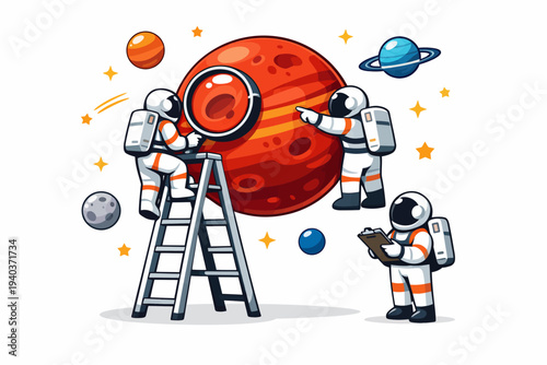 vector Astronauts exploring a giant red planet with a magnifying glass, space exploration and scientific discovery