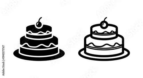 Two Tier Cake with Cherry on Top Black and Outline Icon Set