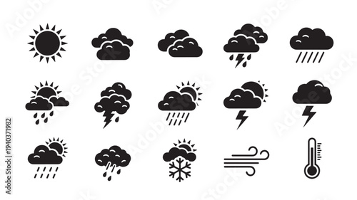 Set of 15 weather icons vector, black