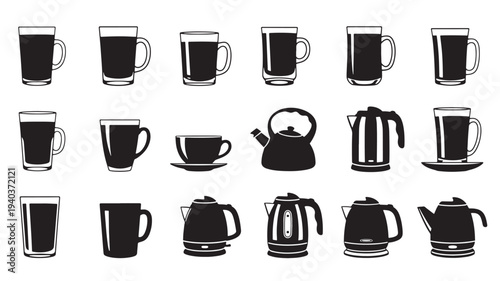 Set of 16 coffee and tea cup icons vector
