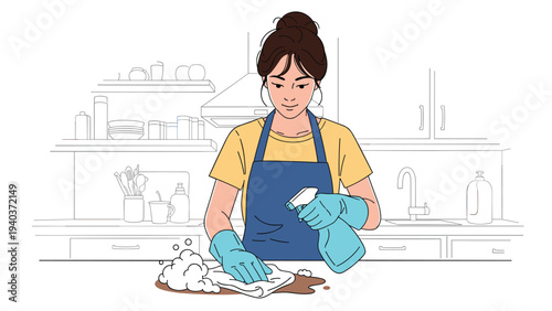 Young woman wearing an apron and gloves cleans a kitchen countertop using a spray bottle and a white cloth with care.