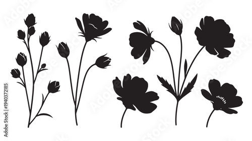 Set of 7 black floral icons vector