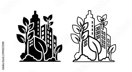Green city icons with buildings and trees for sustainable environment concept