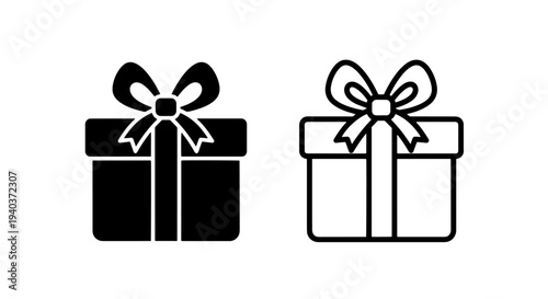 Gift box and present icons with ribbon bow for holiday and birthday symbols