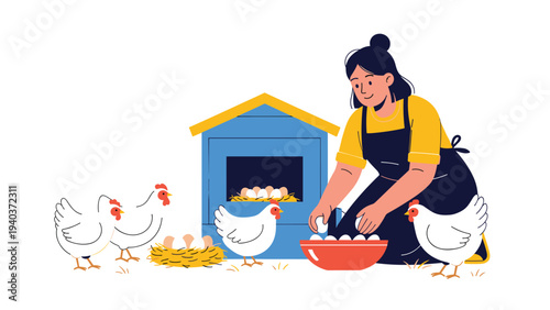 Smiling woman wearing an apron collecting fresh eggs from white chickens on a farm and placing them into a large red bowl.