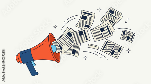 A megaphone loudly broadcasts scattered newspapers and sheets of paper flying through air.