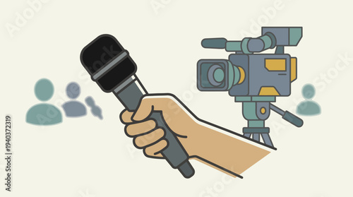 Person holding microphone with camera capturing live broadcast event in studio