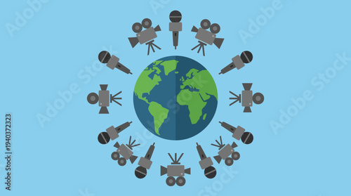 Global media coverage surrounds the Earth with cameras and microphones capturing news.