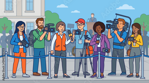 People gather with cameras and equipment on a city street outside a building.