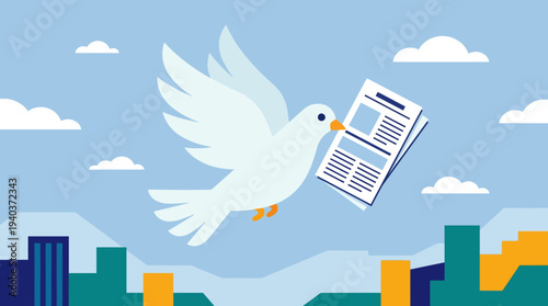 A white dove flies over a cityscape holding a newspaper in daytime.