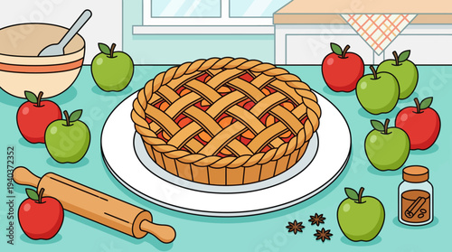 A delicious homemade apple pie sits on a plate surrounded by fresh apples and baking utensils.