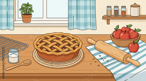 A delicious homemade pie sits on a kitchen counter with rolling pin and fresh tomatoes.
