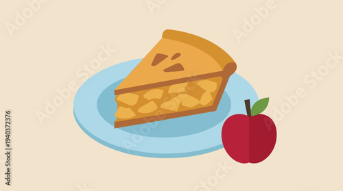 An illustration of a slice of pie on a plate with an apple nearby.
