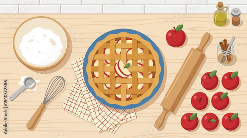 Baking a delicious apple pie on a kitchen counter with fresh tomatoes and ingredients.