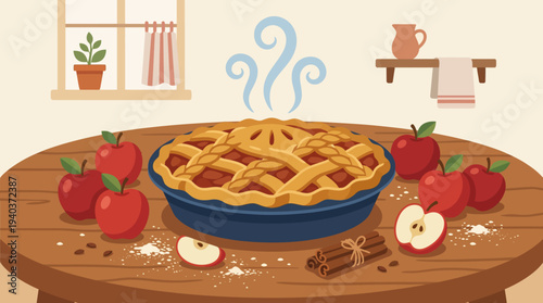 A delicious homemade apple pie baking on a wooden table in a cozy kitchen interior