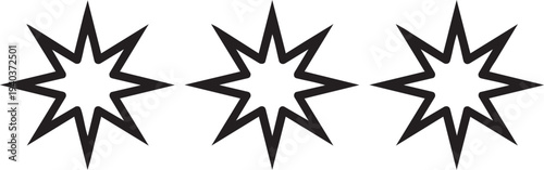 Set of three eight pointed star outline icons in horizontal sequence