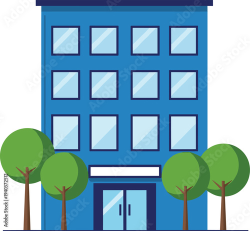 Cartoon office building illustration with multiple windows trees entrance and blank signboard representing urban architecture and corporate design