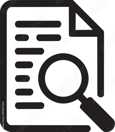 Document search icon with magnifying glass for file exploration isolated on gray background