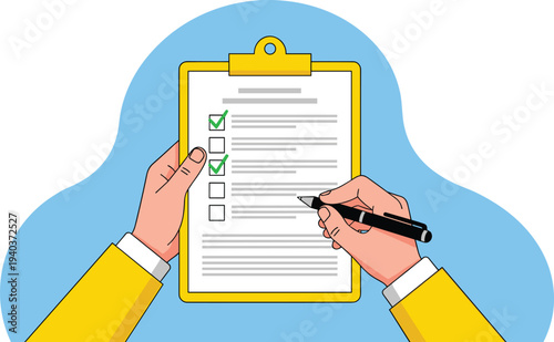 Close Up Hands Holding Yellow Clipboard and Pen Filling Out Survey Form or Checklist Illustration Isolated on Blue Background for Business Management Concept