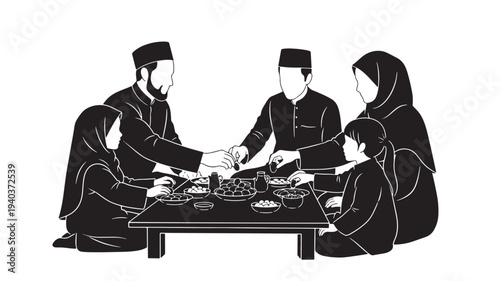 Vector illustration of Muslim family eating together