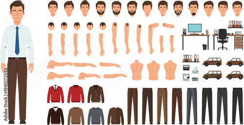 Customizable male character creation kit with office items, cars, clothing, hairstyles, and expressions for animation or design projects
