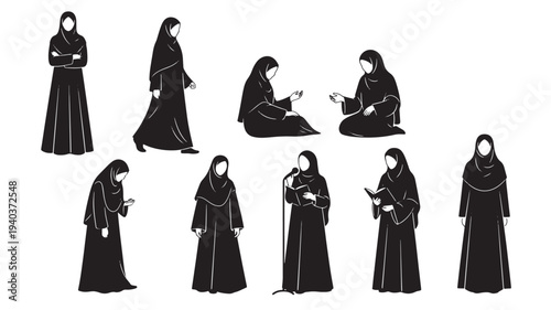 Set of 9 monk icons vector, black silhouette illustrations