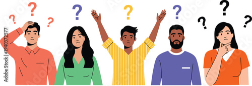 Confused diverse group illustration with question marks symbolizing uncertainty curiosity problem solving decision making and seeking answers