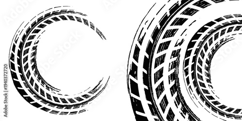 Grunge tire track. Tire tread or wheel braking track. Car and motorcycle tread pattern. Dirty grunge texture of wheel. Vector illustration.