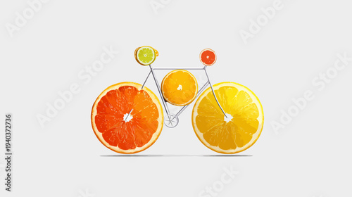 A bicycle illustration crafted from various citrus fruit slices on a light gray background