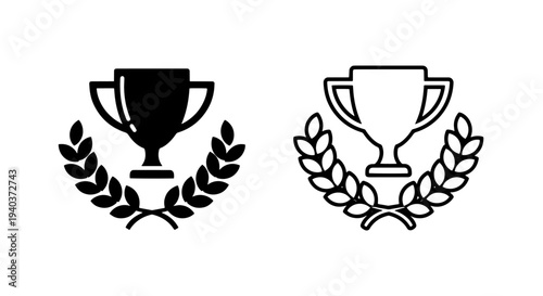 Victory trophy cup with laurel wreath icons for championship and success
