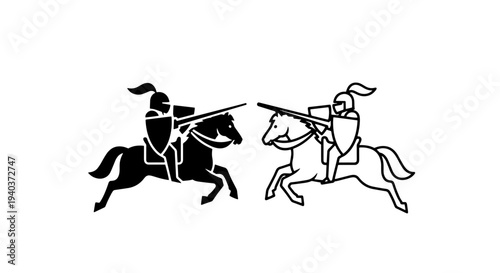 Medieval jousting knights on horseback silhouette and line art illustration