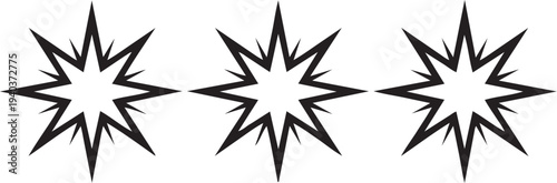 Three black star shape icons with sharp points arranged in row
