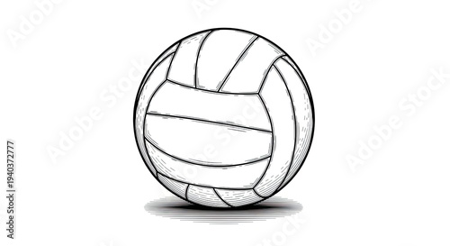 A black and white illustration of a volleyball with panels and stitching