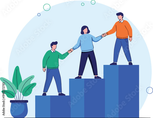 Teamwork and collaboration illustration showing people helping each other climb ascending blocks symbolizing support progress and success