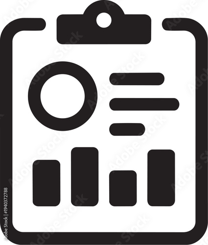 Clipboard with financial report, chart, and graph icons on gray background