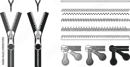 Zipper components and sliders collection sewing clothing fastener parts zipper teeth puller tailoring vector illustration set isolated design