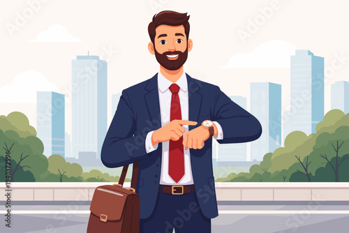 Bearded Businessman in a Blue Suit and Red Tie Pointing at His Wristwatch for Time Management and Punctuality Concept, Modern City Skyline Background with Briefcase, Professional Vector Graphic